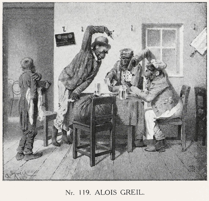 „Alois Greil. Geb[oren] in Linz 1841, gest[orben] in Wien 1902. Kartenspielende Affen in einem Extrazimmer, rechts ein Piccolo. Aquarell. Signiert und datiert 1893. H[öhe] 15, B[reite] 17 cm. Aus Nachlaß Lobmeyr.“